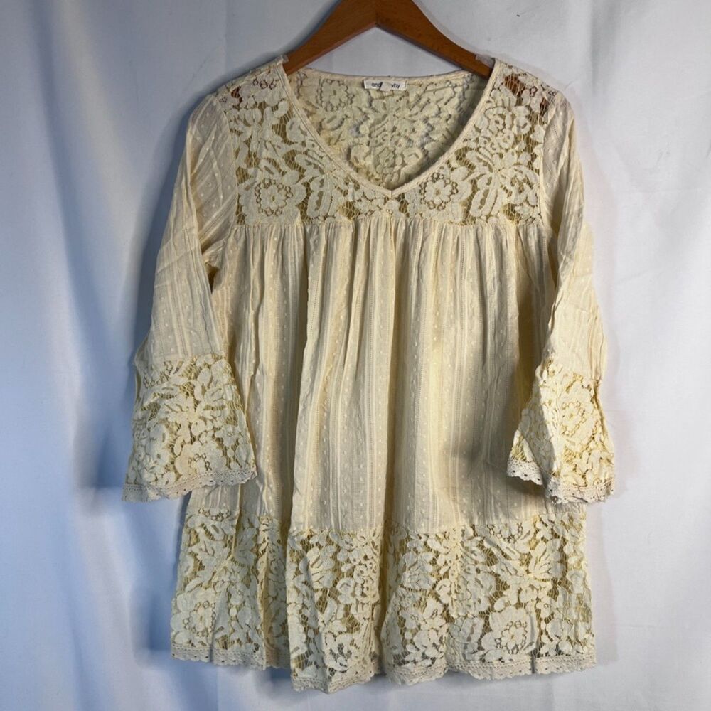 And The Why Cream Vneck Lace Detail 3/4 Lace Bell Sleeve Boho Peasant Top‎ Small - Picture 10 of 10